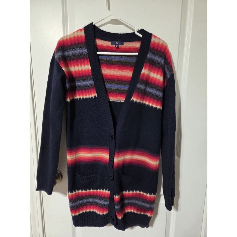 Gap Lambswool Cardigan Sweater Womens Small Long Sleeve Button Down Blue Aztec